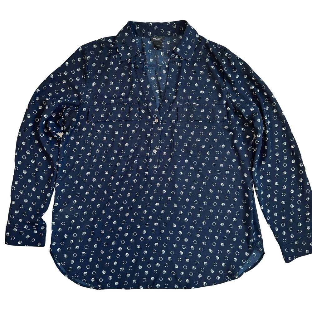 Ann Taylor Navy Blue crepe flowy white dot button top Womens L S1
